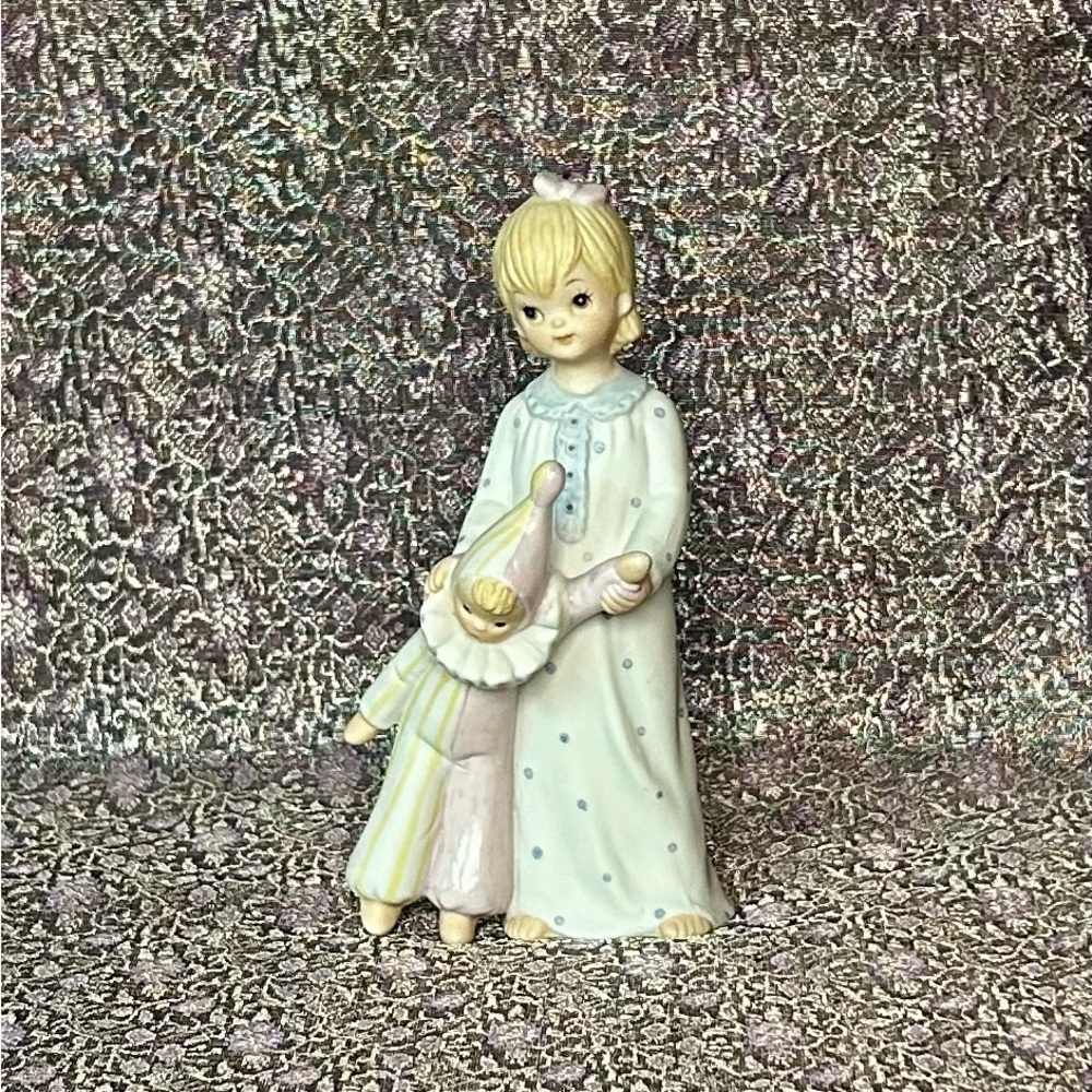 Lefton China hand painted figurine “Caren’s Clown” 1982, girl holding clown doll